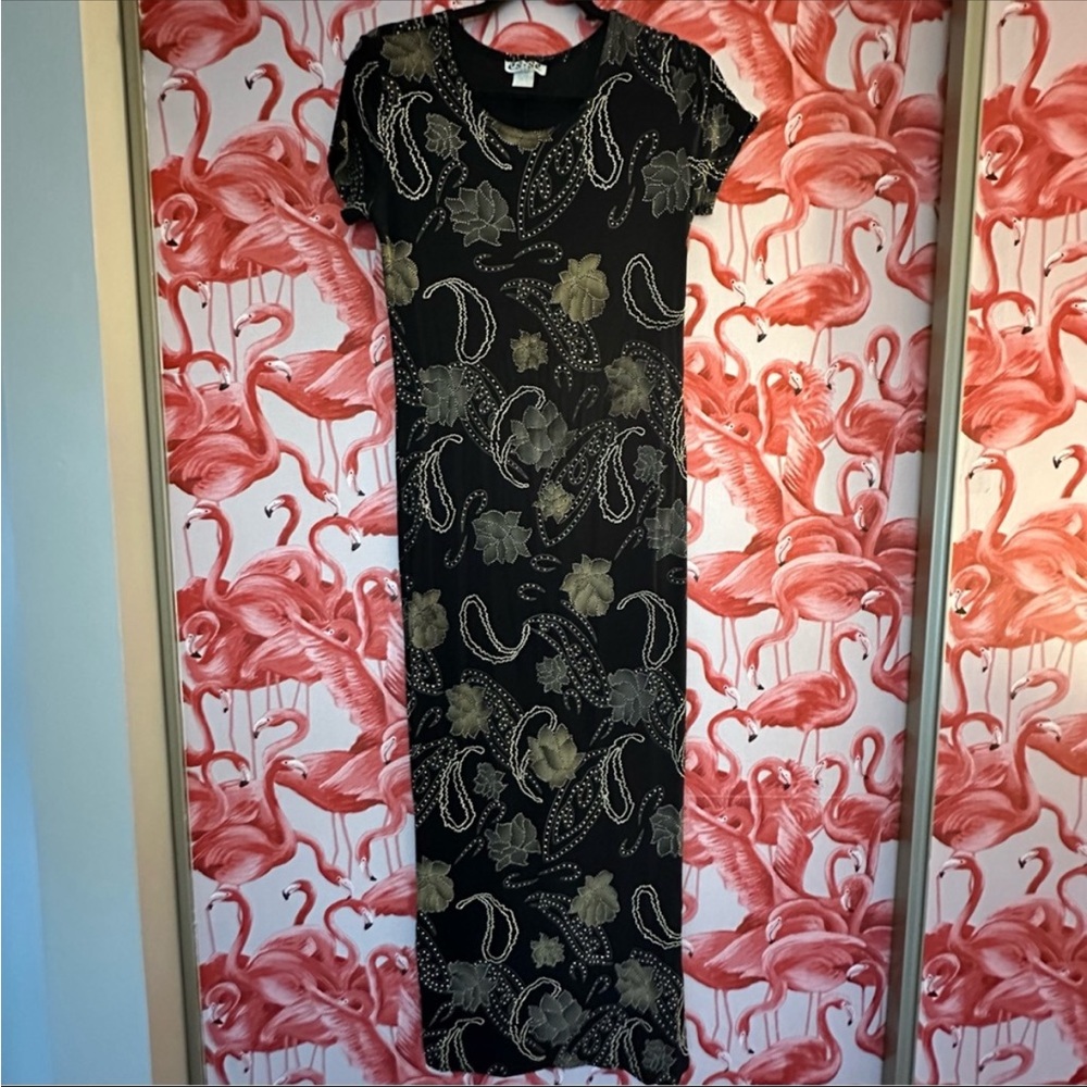Vintage Es.Se USA Black and Gold Floral Bodycon Maxi Dress Size Medium